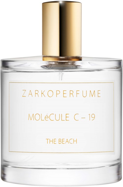 Läpinäkyvä hajuvesipullo kulttinipillä, merkiltään ZARKOPERFUME, Molecule C-19, The Beach.