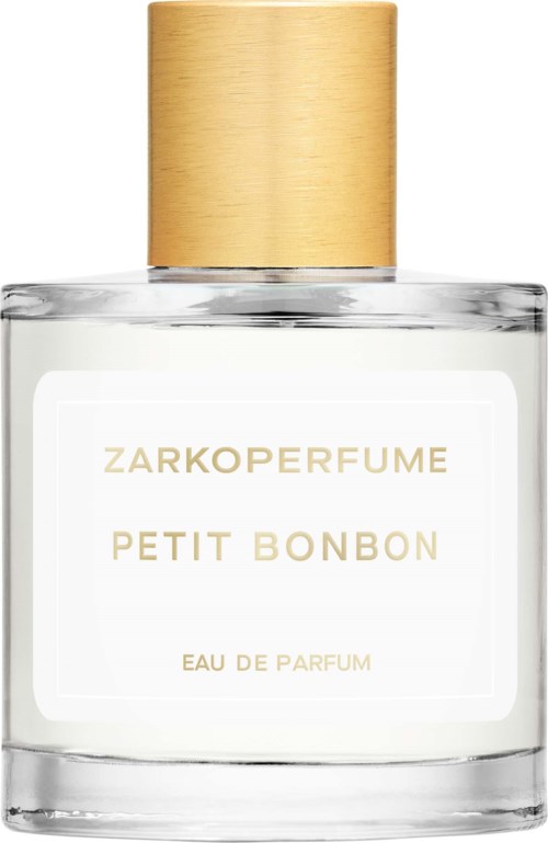 En klar parfymeflaske med et lyst trelokk, merket ZARKOPERFUME PETIT BONBON Eau de Parfum.