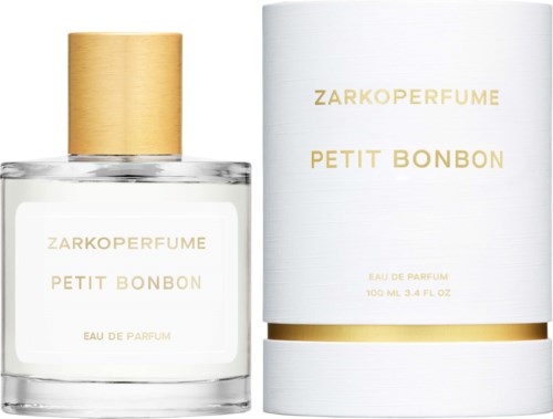 En hvit parfymeflaske med gullhette og matchende hvit eske, begge merket ZARKOPERFUME PETIT BONBON.