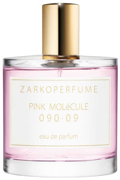 Vaaleanpunainen hajuvesi pullo kultasolvalla ja valkoisella etikettillä. Tiedot: Zarkoperfume, Pink Molecule, 090:09, Eau de Parfum.