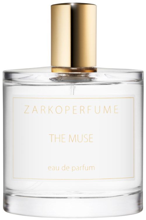Puhdas hajustepullo kulttiletkulla, merkitty Zarkoperfume The Muse Eau de Parfum.