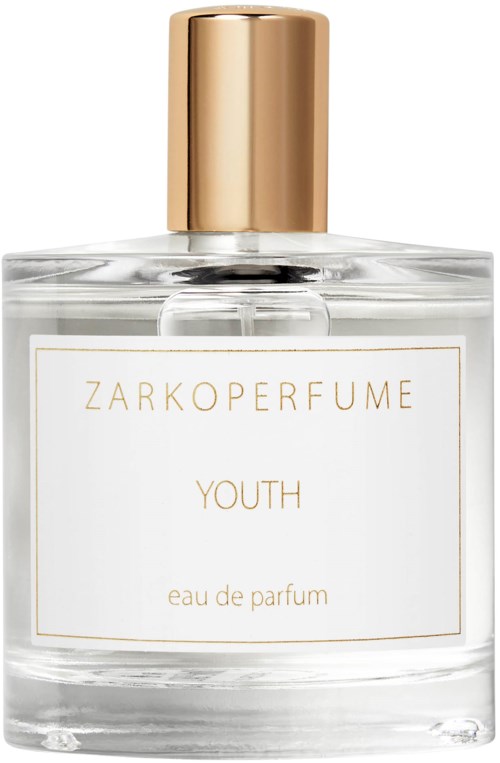 Selkeä hajuvesipullo kulläikikatteella ja yksinkertaisella valkoisella etikettillä. Etiketti lukee ZARKOPERFUME YOUTH eau de parfum.