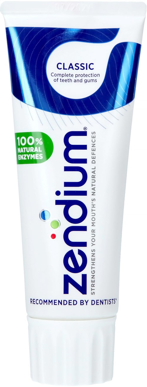 Zerodent Zahnpasta mit blauer und weißer Tube, fördert Zahngesundheit, natürliche Enzyme, empfohlen vom Zahnarzt.