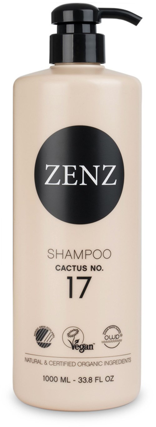 A beige shampoo bottle with a black pump, labeled 'ZENZ,' 'Cactus No. 17,' and logos for organic and vegan.