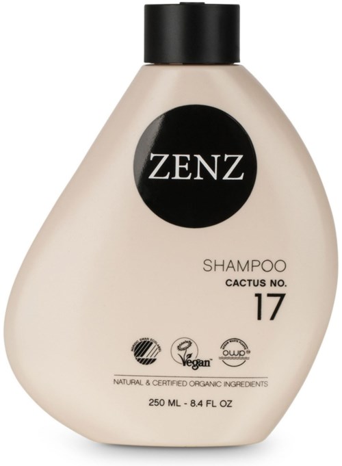 A shampoo bottle labeled ZENZ, with natural ingredients, vegan, and organic symbols, holds 250 ml or 8.4 fl oz.