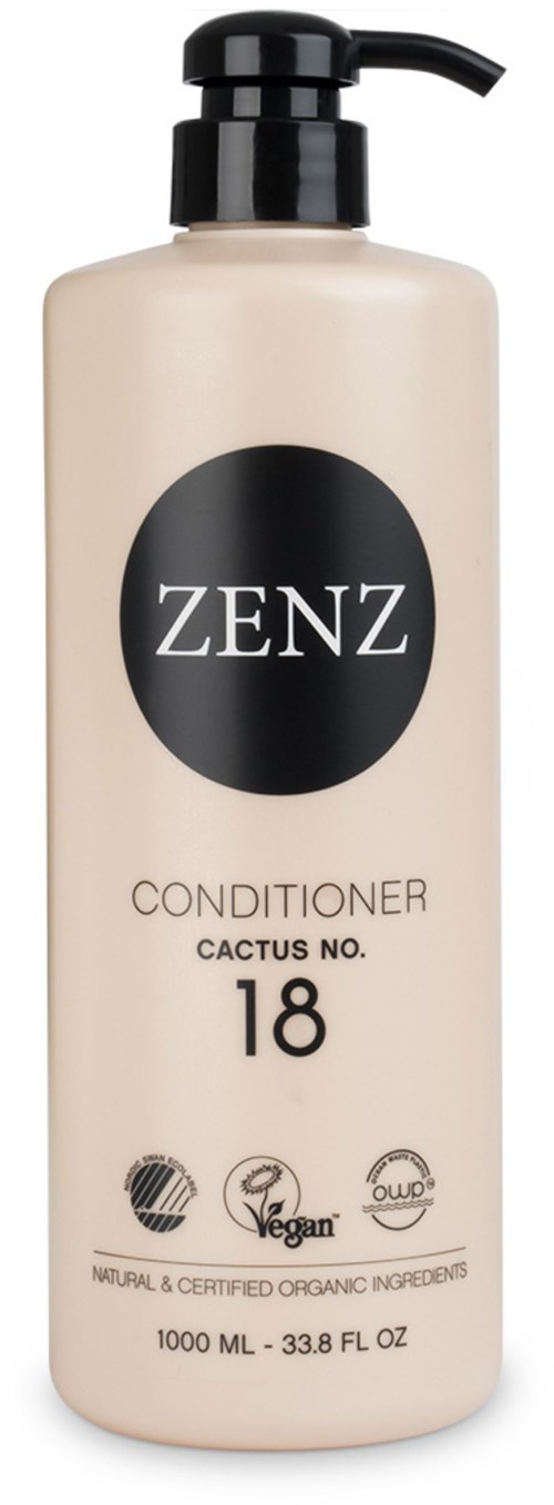 A tall, light-colored bottle with a black pump. It is labeled ZENZ Conditioner with natural, organic ingredients.