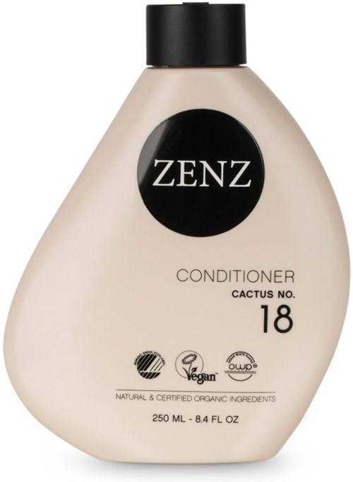 A bottle of Zenz conditioner with a black cap, labeled 'Cactus No. 18', containing 250 ml of organic hair conditioner.
