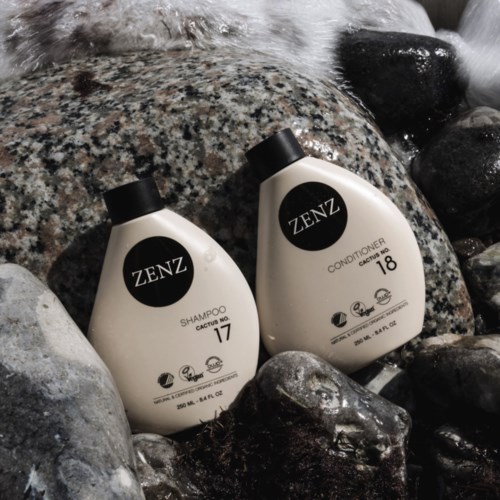 Two shampoo bottles labeled 'ZENZ', numbered 17 and 18, are placed among wet stones and water.