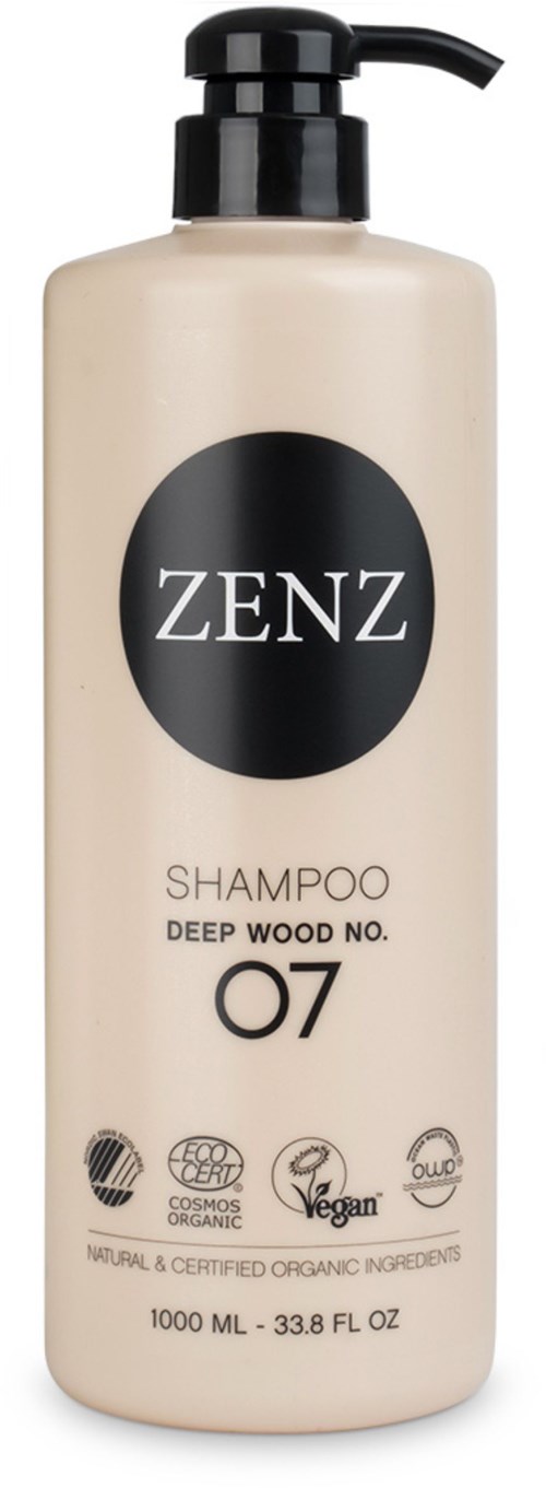 A beige shampoo bottle with a black pump, labeled ZENZ Deep Wood No.07, 1000 ml, and organic certification symbols.