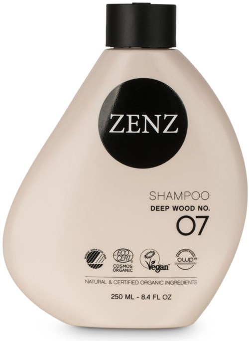 A beige shampoo bottle with a black cap, labeled ZENZ, Deep Wood No. 07, and various eco-certification symbols.