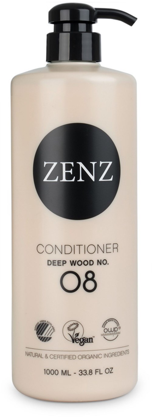 A beige bottle with a black pump labeled 'ZENZ' for deep wood conditioner, vegan, organic, with 1000 ml content.