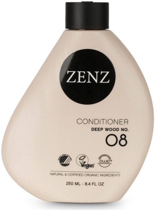 A beige bottle with a black cap. The label shows the brand ZENZ, conditioner, and some certifications.