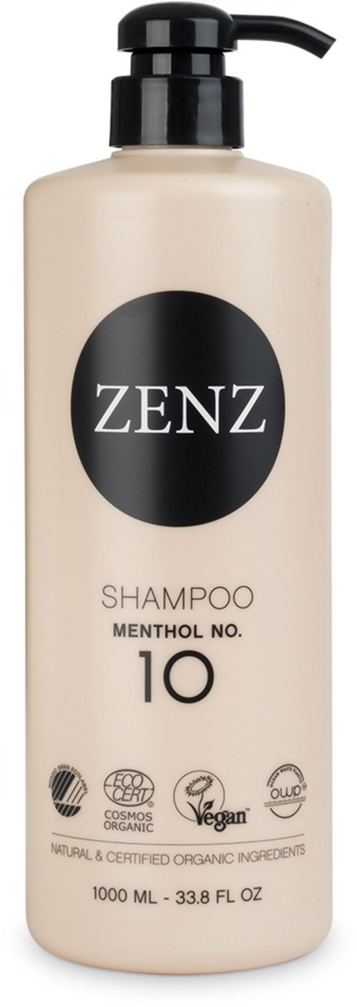 A tall white shampoo bottle with a black pump, labeled ZENZ Menthol No. 10, featuring icons for organic and vegan products.