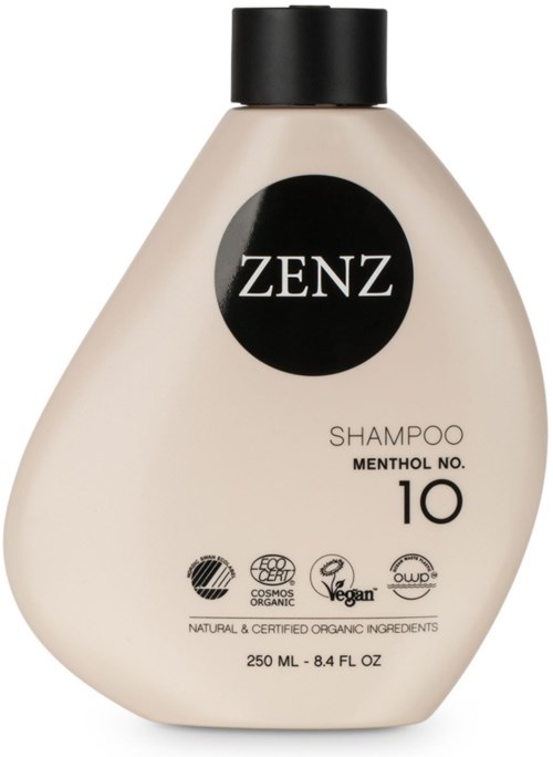 A beige shampoo bottle labeled 'ZENZ' with a black cap, mentioning menthol and organic ingredients, 250 ml.