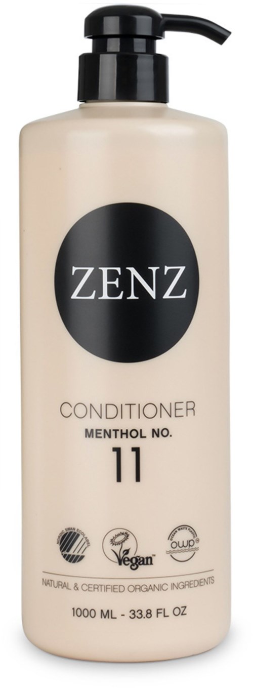 A beige bottle with a black pump labeled ZENZ conditioner, menthol scent, vegan, organic ingredients, and 1000 ml size.