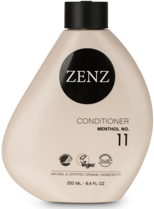 A beige conditioner bottle with a black cap, labeled 'Zenz' and 'Menthol No. 11' in the center, with certification icons.