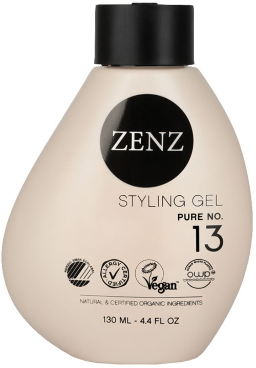 En beige flaska med svart lock, märkt ZENZ Styling Gel, Pure No. 13, med ikoner för veganska och ekologiska ingredienser.