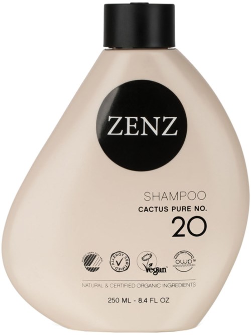 A beige, teardrop-shaped shampoo bottle with a black cap. It has the brand 'ZENZ' and mentions 'Cactus Pure No. 20'.