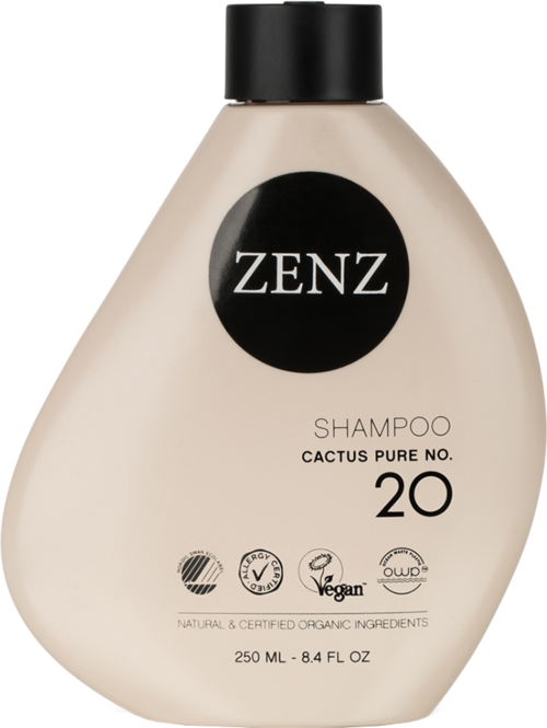 A shampoo bottle labeled ZENZ, Cactus Pure No. 20, with natural and vegan ingredients, 250 ml size.