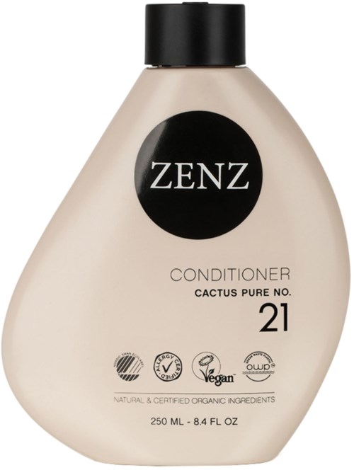 A leading brand's vegan conditioner bottle with black cap, labeled 'ZENZ' and 'CACTUS PURE NO. 21', 250ml.
