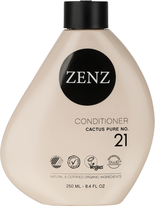 A beige bottle of Zenz conditioner with a black cap, labeled as Cactus Pure No. 21, 250ml. Contains organic and vegan symbols.