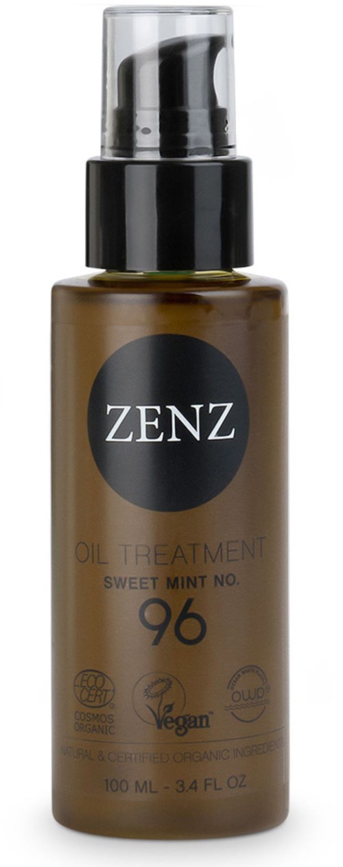 A brown bottle labeled ZENZ, with a black pump, containing oil treatment named Sweet Mint No. 96. It is vegan and organic.