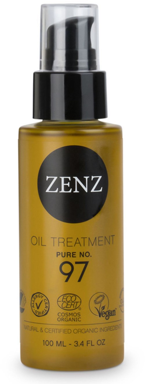 A small yellow bottle with a black cap and label, containing oil treatment called ZENZ, marked 'Pure No. 97'.