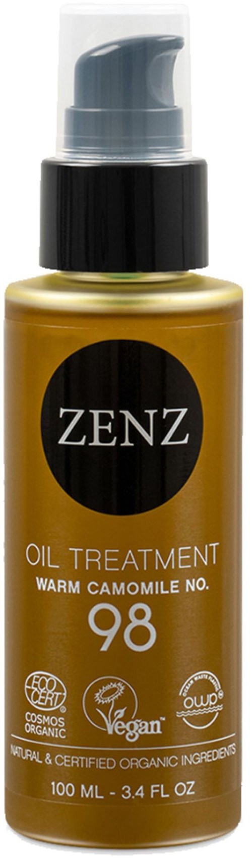 A small gold bottle labeled ZENZ oil treatment with a pump top, containing organic vegan ingredients.