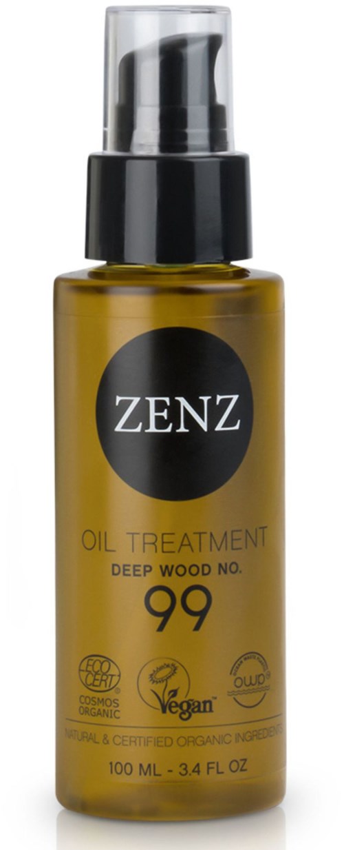 A small brown bottle with a black cap and clear spray top, labeled ZENZ, oil treatment for hair.