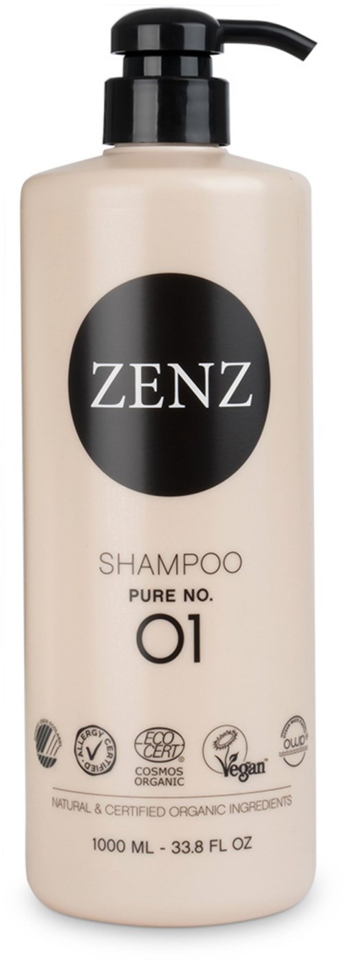 A beige shampoo bottle with a black pump and a black circle logo, labeled 'ZENZ' and 'PURE NO. 01'.