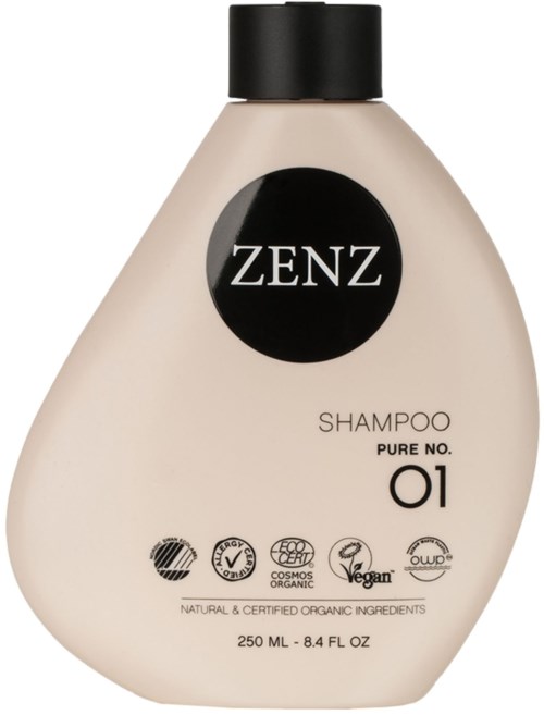 A beige shampoo bottle with a black cap, labeled ZENZ, Pure No. 01, and various certification logos.