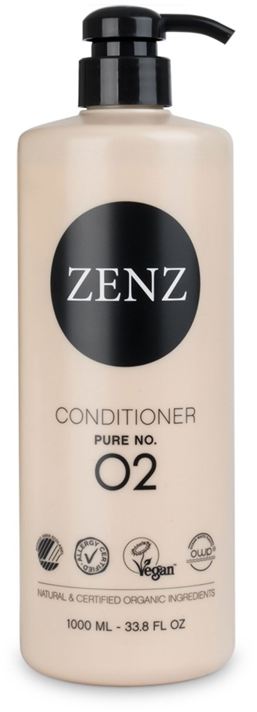 A beige bottle with a black pump labeled ZENZ Conditioner Pure No. O2, vegan, organic, and cruelty-free.