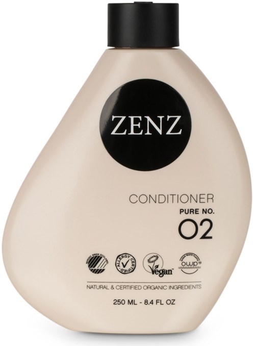 A bottle of Zenz conditioner with a black lid, beige body, and various certification symbols on it.