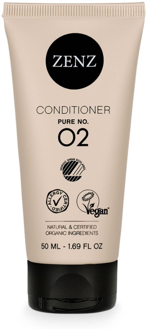A beige tube of ZENZ conditioner with black cap, labeled 'Pure No. 02', indicating vegan and organic ingredients.