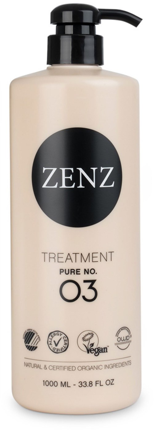 A beige bottle with a black pump labeled ZENZ, indicating it is a treatment product, 1000 ml size, vegan and organic.