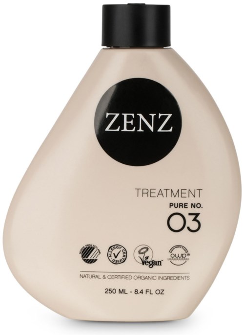 A beige bottle with black cap labeled "ZENZ," featuring the words "TREATMENT PURE NO. 03" and various organic icons.