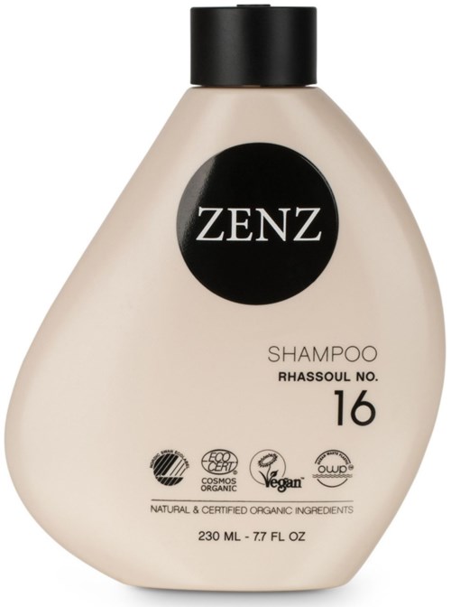 A beige shampoo bottle with a black cap, labeled ZENZ, Vegan, organic, and 230 ml.