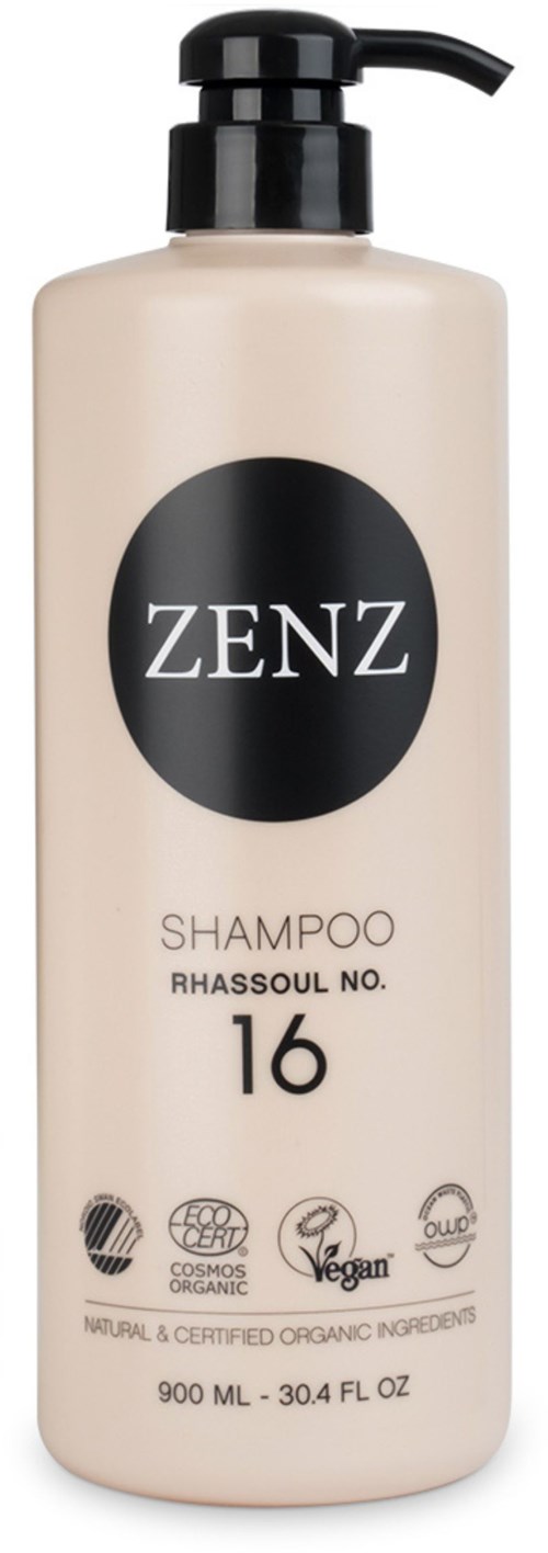 A tall, beige shampoo bottle with a black pump, labeled ZENZ, Rhassoul No. 16, containing 900 ml.