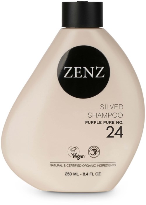 A bottle of Zenz Silver Shampoo labeled as purple pure, vegan, natural ingredients, 250 ml, and number 24.