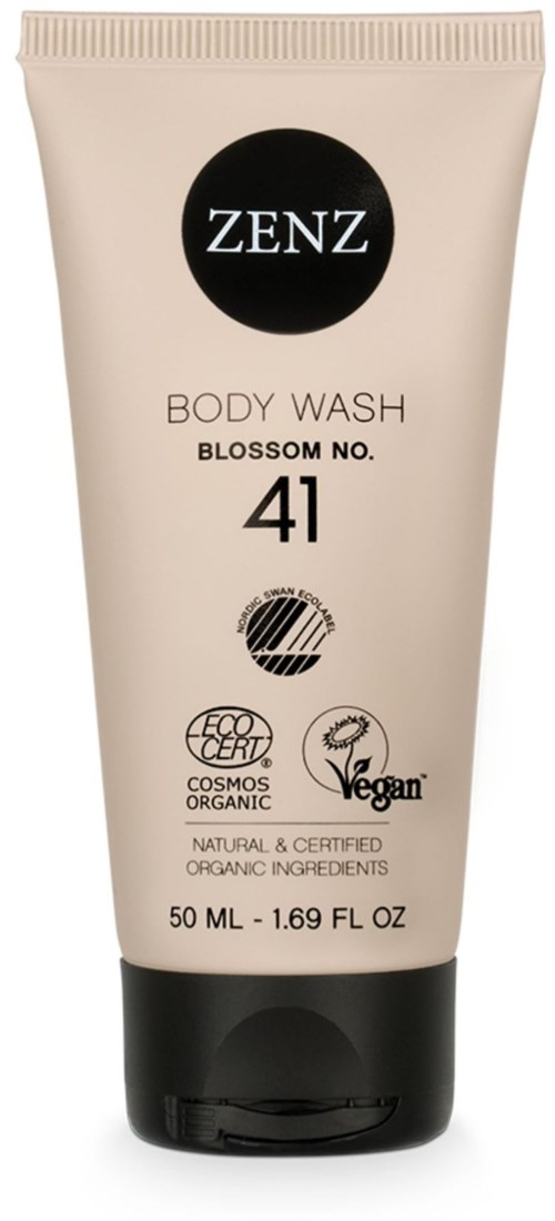 A beige tube of ZENZ Blossom No. 4 body wash with black and white text and labels, including eco and vegan icons.