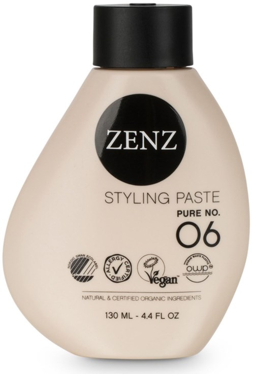 A beige bottle with a black cap, labeled ZENZ Styling Paste, Pure No. 06, with vegan and organic icons.