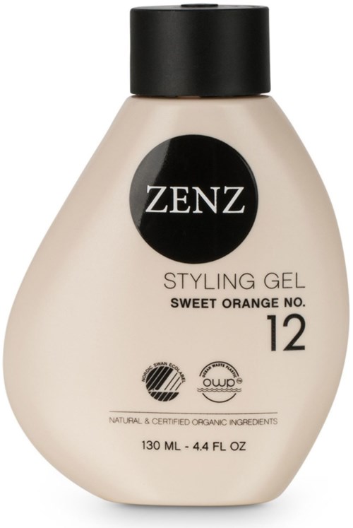 A bottle of Zenz Styling Gel with a black cap, labeled as Sweet Orange No. 12, containing 130ml.