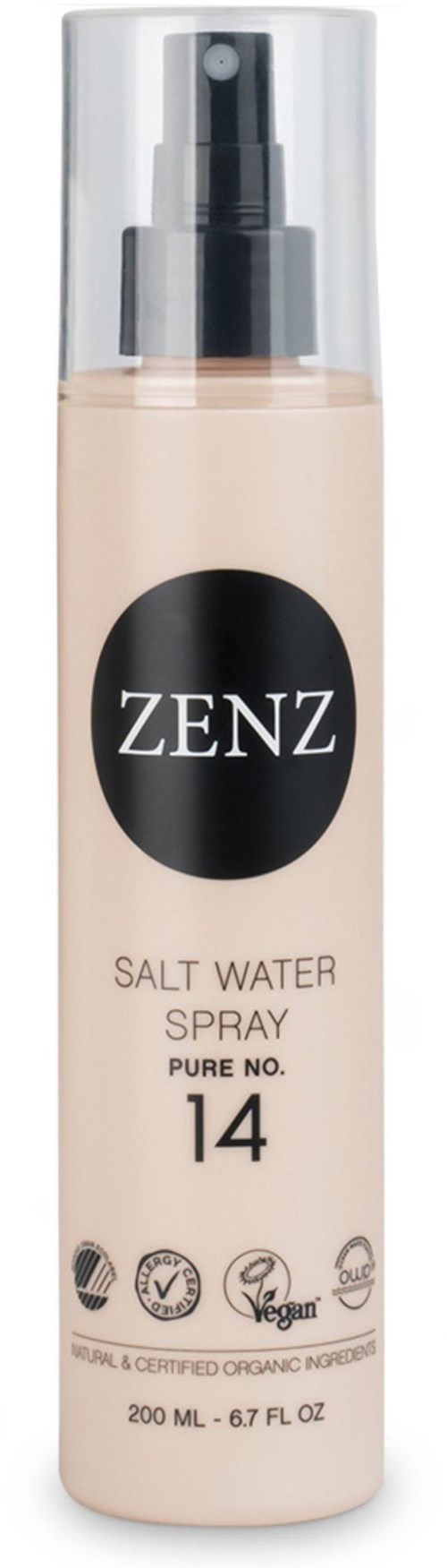 A bottle of Zenz salt water spray with a clear cap, label indicates UV protection and organic ingredients.