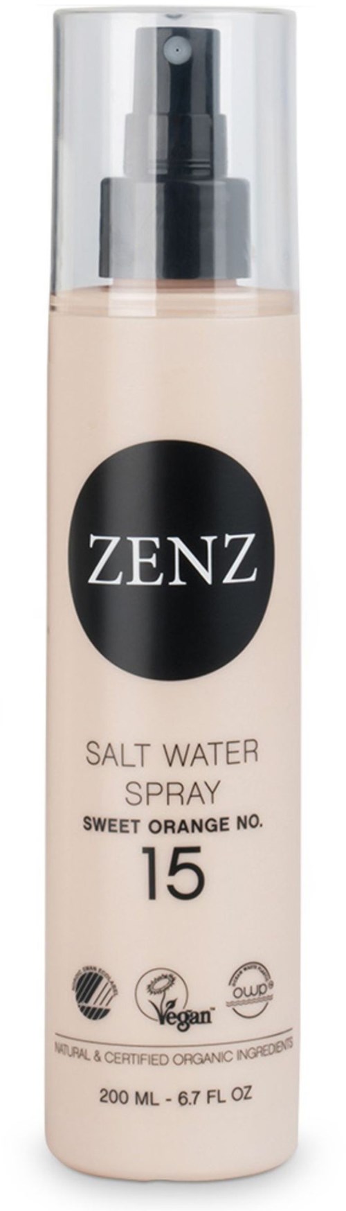 A bottle of salt water spray labeled ZENZ with a black circle, 200 ml size, vegan and organic certifications.