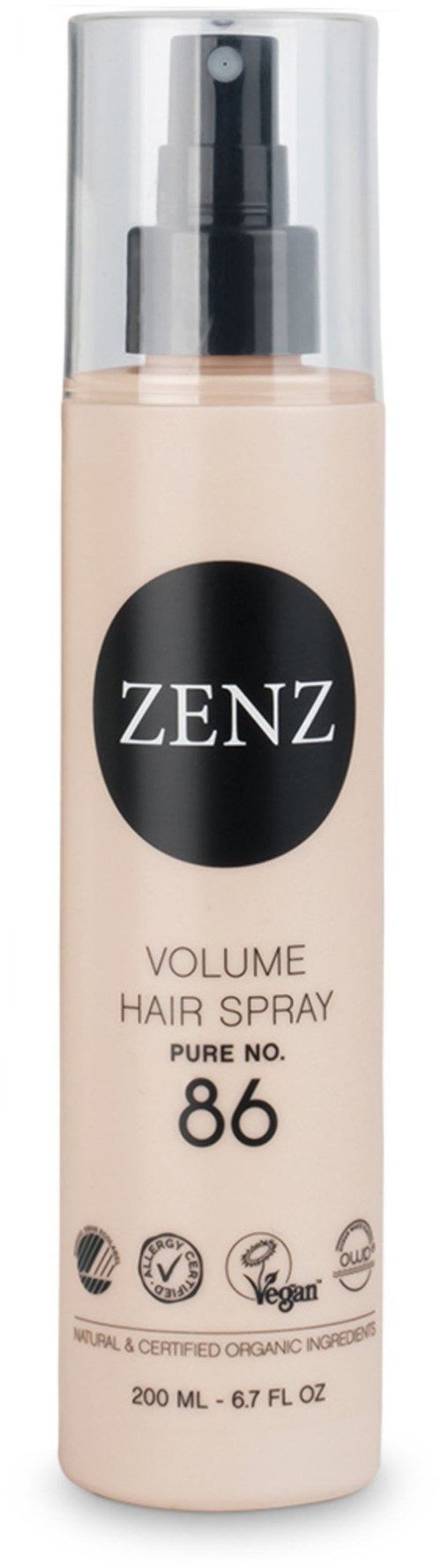 A beige bottle with a black label says ZENZ, volume hair spray, 86. The spray cap is transparent.