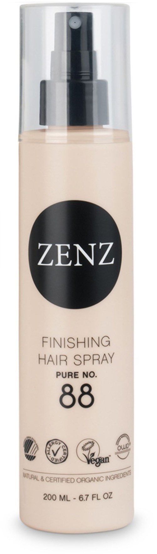 A bottle of Zenz finishing hair spray with a pump, labeled as pure number 88, organic, vegan, and natural.