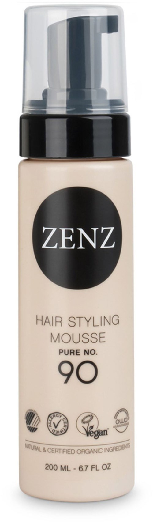 Bottled foam hair styling product with black and white label, brand ZENZ, and vegan, organic symbols.