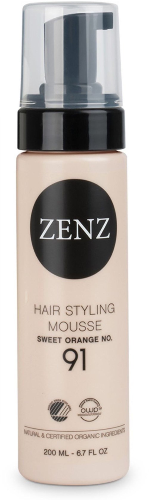 A bottle of Zenz hair styling mousse with a pump top, labeled as Sweet Orange No. 91, 200 ml.