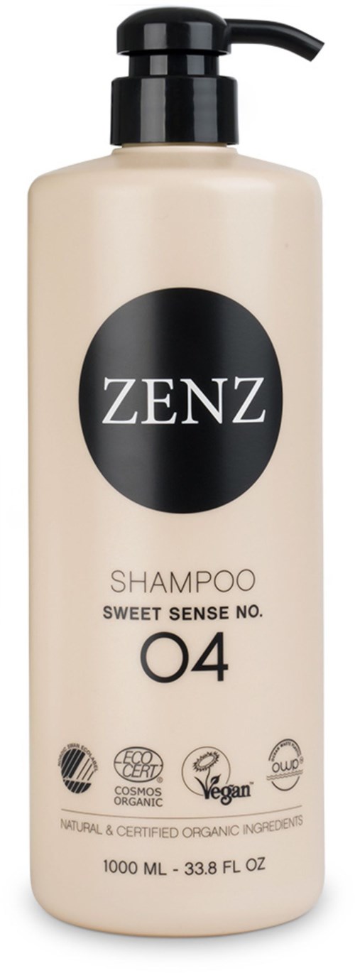 A tall, beige shampoo bottle with a black pump. It has the brand name ZENZ and mentions sweet scent and organic ingredients.