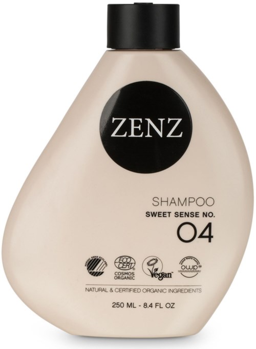A beige shampoo bottle with a black cap, labeled "ZENZ" and "Sweet Sense No. 04." Contains 250 ml. of product.